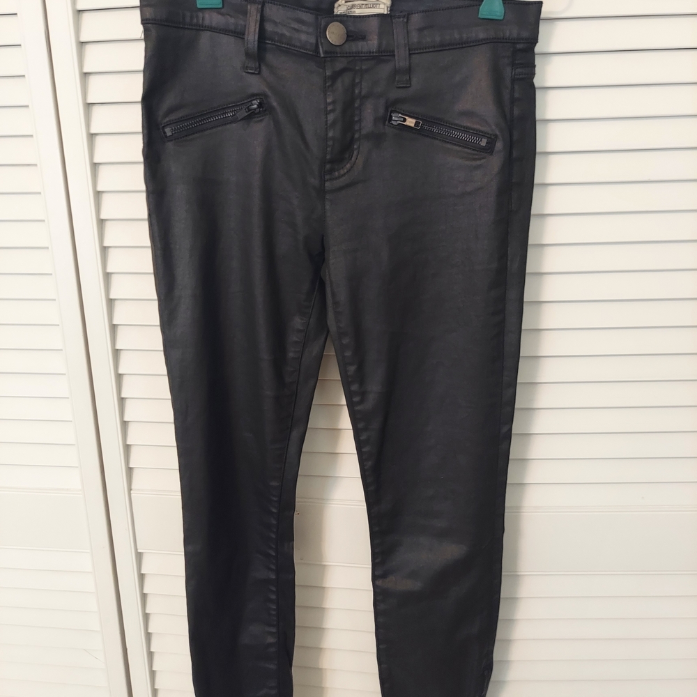 Current/Elliott The Soho Zip Stiletto Black Coated Pants Size 27